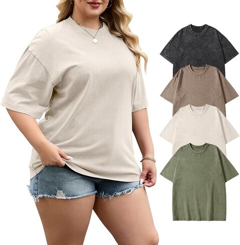 PEHMEA 4 Pack Womens Plus Size Oversized T Shirts, Vintage Wash Short Sleeve Casual Tops, Unisex Workout Tees (XL-5XL) in Saudi Arabia