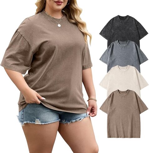 PEHMEA 4 Pack Womens Plus Size Oversized T Shirts, Vintage Wash Short Sleeve Casual Tops, Unisex Workout Tees (XL-5XL) in Saudi Arabia