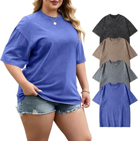 PEHMEA 4 Pack Womens Plus Size Oversized T Shirts, Vintage Wash Short Sleeve Casual Tops, Unisex Workout Tees (XL-5XL) in Saudi Arabia