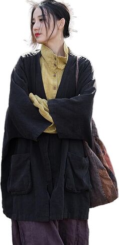 Women's Ramie Loose Fit Windbreaker Cardigan Kimono Sleeve with Pockets Coat Casual Oversized Outerwear in Kuwait