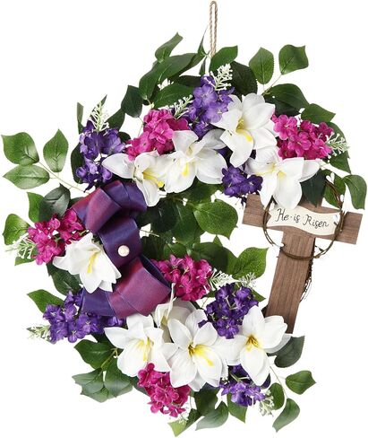 Dingion Easter Cross Wreath for Front Door Spring Easter Cross Artificial Wreath with Purple Bow for Christian Spring Hope for Outdoor Indoor Farmhouse Porch Window Home in Saudi Arabia