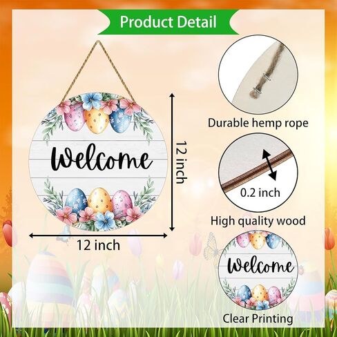 Easter Wreath Easter Door Decorations Cute Easter Eggs Hanging Sign Spring Flower Grass Wooden Wreaths for Front Door Hanger Welcome Sign for Porch Wall Indoor Home Decor in Saudi Arabia