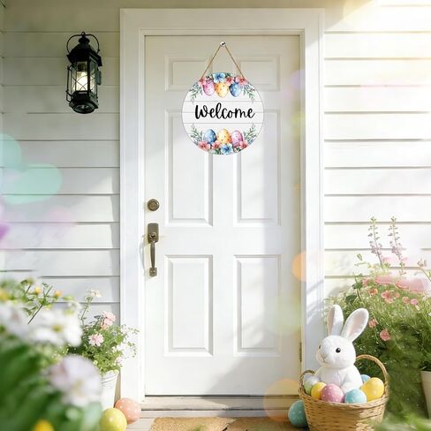 Easter Wreath Easter Door Decorations Cute Easter Eggs Hanging Sign Spring Flower Grass Wooden Wreaths for Front Door Hanger Welcome Sign for Porch Wall Indoor Home Decor in Saudi Arabia