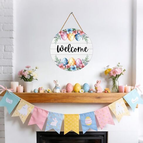 Easter Wreath Easter Door Decorations Cute Easter Eggs Hanging Sign Spring Flower Grass Wooden Wreaths for Front Door Hanger Welcome Sign for Porch Wall Indoor Home Decor in Saudi Arabia