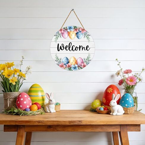 Easter Wreath Easter Door Decorations Cute Easter Eggs Hanging Sign Spring Flower Grass Wooden Wreaths for Front Door Hanger Welcome Sign for Porch Wall Indoor Home Decor in Saudi Arabia