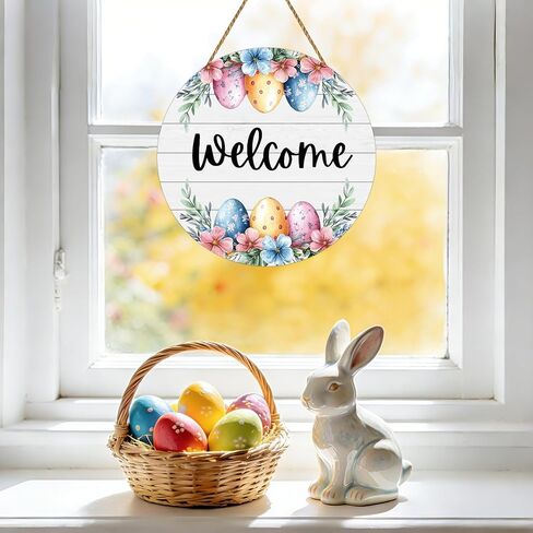 Easter Wreath Easter Door Decorations Cute Easter Eggs Hanging Sign Spring Flower Grass Wooden Wreaths for Front Door Hanger Welcome Sign for Porch Wall Indoor Home Decor in Saudi Arabia