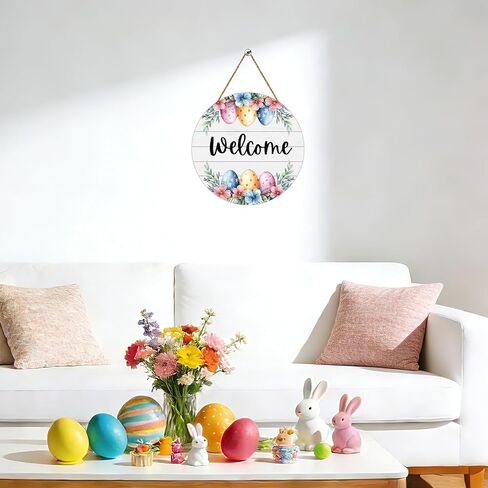 Easter Wreath Easter Door Decorations Cute Easter Eggs Hanging Sign Spring Flower Grass Wooden Wreaths for Front Door Hanger Welcome Sign for Porch Wall Indoor Home Decor in Saudi Arabia