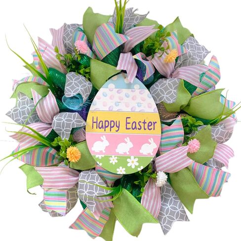 Bibelot 20 Inch Easter Mesh Wreath for Front Door, Artificial Easter Bunny Wreath with Ribbons Mesh, Pink Green Spring Wreath for Home Wall Window Farmhouse Decor in Saudi Arabia