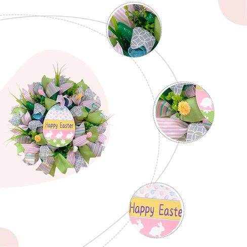 Bibelot 20 Inch Easter Mesh Wreath for Front Door, Artificial Easter Bunny Wreath with Ribbons Mesh, Pink Green Spring Wreath for Home Wall Window Farmhouse Decor in Saudi Arabia
