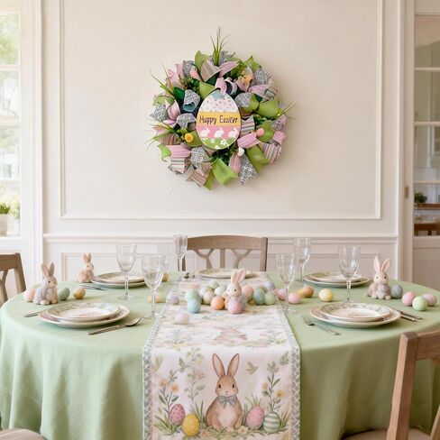 Bibelot 20 Inch Easter Mesh Wreath for Front Door, Artificial Easter Bunny Wreath with Ribbons Mesh, Pink Green Spring Wreath for Home Wall Window Farmhouse Decor in Saudi Arabia