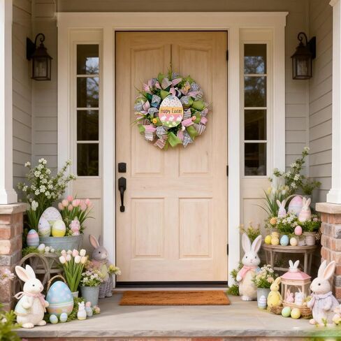 Bibelot 20 Inch Easter Mesh Wreath for Front Door, Artificial Easter Bunny Wreath with Ribbons Mesh, Pink Green Spring Wreath for Home Wall Window Farmhouse Decor in Saudi Arabia