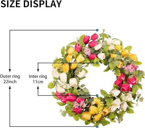إكليل عيد الفصح مقاس 22 بوصة للباب الأمامي، أكاليل التوليب مع الأوكالبتوس، ديكور إكليل الربيع لجدار الشرفة في الأماكن المغلقة والخارجية، ديكور منزلي زهري أبيض أصفر in Kuwait