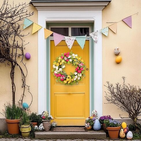 إكليل عيد الفصح مقاس 22 بوصة للباب الأمامي، أكاليل التوليب مع الأوكالبتوس، ديكور إكليل الربيع لجدار الشرفة في الأماكن المغلقة والخارجية، ديكور منزلي زهري أبيض أصفر in Kuwait
