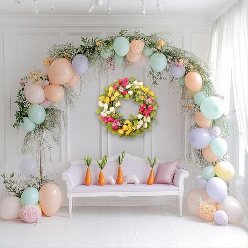 إكليل عيد الفصح مقاس 22 بوصة للباب الأمامي، أكاليل التوليب مع الأوكالبتوس، ديكور إكليل الربيع لجدار الشرفة في الأماكن المغلقة والخارجية، ديكور منزلي زهري أبيض أصفر in Kuwait