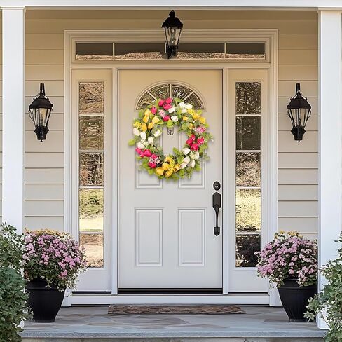 إكليل عيد الفصح مقاس 22 بوصة للباب الأمامي، أكاليل التوليب مع الأوكالبتوس، ديكور إكليل الربيع لجدار الشرفة في الأماكن المغلقة والخارجية، ديكور منزلي زهري أبيض أصفر in Kuwait