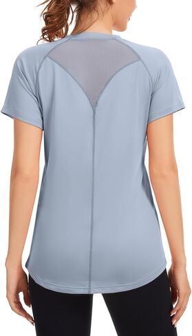 Women's Workout Tops Yoga Shirts Short Sleeve T-Shirts Breathable Mesh Back V-Neck Running Gym Athletic Tee in Saudi Arabia