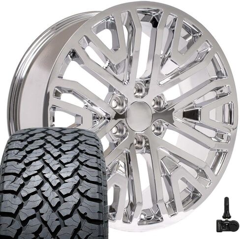 OE Wheels CV37 22 Inch Rims and Tires Fit Sierra 1500 Style 6x139.7 22x9 Chrome - Hollander 5906 - TS-37 AT 285/45-22 (Set of 4) in Saudi Arabia