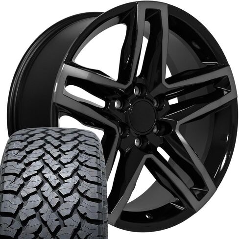 OE Wheels CV34 22 Inch Rims and Tires Fit Silverado 1500 Trail Boss Style 6x139.7 22x9 Gloss Black Machined with Tinted Clear - Hollander 5911 - TS-37 AT 285/45-22 (Set of 4) in Saudi Arabia