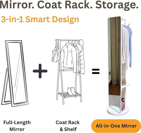 Novela Rotating Full Length Mirror with Coat Rack, 69 x 16 Inch, Solid Wood Construction, Storage Shelves with 5 Hooks, 360-Degree Swivel, Tempered Shatterproof Glass (Black) in Saudi Arabia