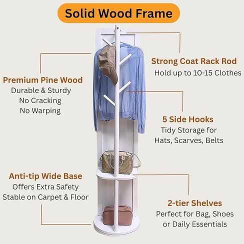 Novela Rotating Full Length Mirror with Coat Rack, 69 x 16 Inch, Solid Wood Construction, Storage Shelves with 5 Hooks, 360-Degree Swivel, Tempered Shatterproof Glass (Black) in Saudi Arabia