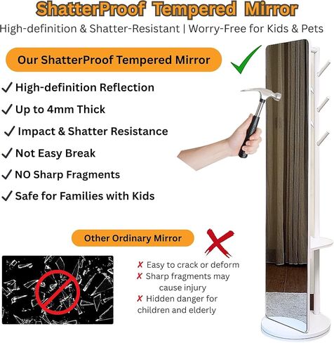 Novela Rotating Full Length Mirror with Coat Rack, 69 x 16 Inch, Solid Wood Construction, Storage Shelves with 5 Hooks, 360-Degree Swivel, Tempered Shatterproof Glass (Black) in Saudi Arabia