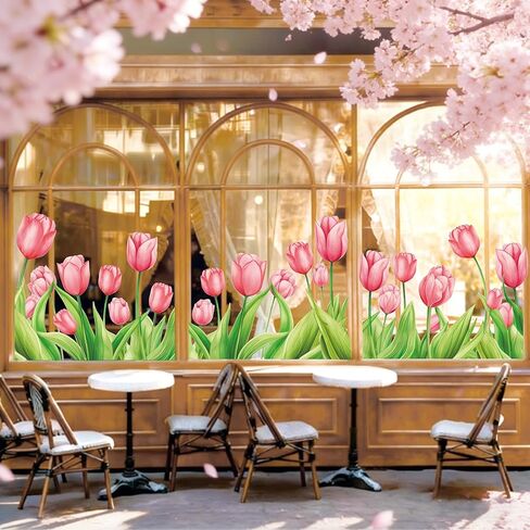 JarThenaAMCS Extra Large Spring Tulip Window Clings Pink Floral Flower Glass Decal Stickers for Summer Home Office Classroom Party Wall Decor, 35.4 x 13.8'', 3 Sheets in Saudi Arabia