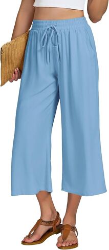 VUTRU سراويل نسائية واسعة الساق كاجوال للصيف مقصوصة بخصر مطاطي بالإضافة إلى حجم بنطلون صالة الشاطئ للعمل والسفر والعطلات in Kuwait