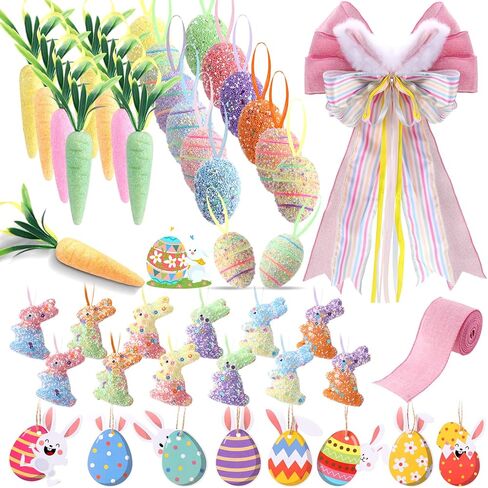 42 Pcs Easter Decorations Tree Ornaments Kit Easter Egg and Carrot Hanging Ornament Colorful Foam Hanging Rabbit Topper Bow with Bunny Ears with Ribbon for Holiday Party Crafts in Saudi Arabia