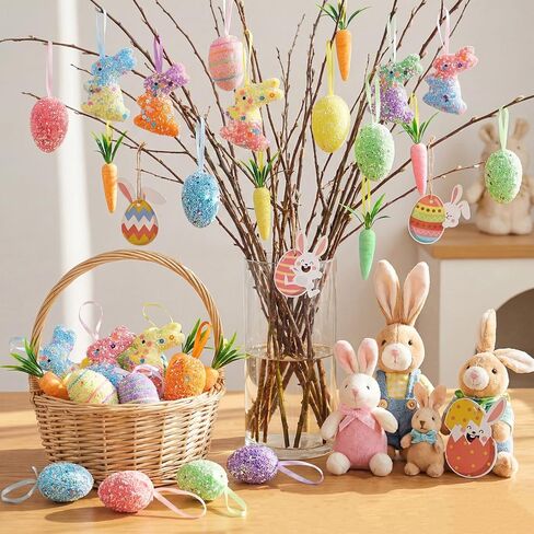 42 Pcs Easter Decorations Tree Ornaments Kit Easter Egg and Carrot Hanging Ornament Colorful Foam Hanging Rabbit Topper Bow with Bunny Ears with Ribbon for Holiday Party Crafts in Saudi Arabia