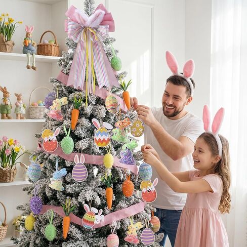 42 Pcs Easter Decorations Tree Ornaments Kit Easter Egg and Carrot Hanging Ornament Colorful Foam Hanging Rabbit Topper Bow with Bunny Ears with Ribbon for Holiday Party Crafts in Saudi Arabia