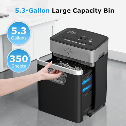 آلة تمزيق الورق 12 ورقة من BONSEN للمكتب المنزلي، آلات تمزيق الورق شديدة التحمل مع صندوق سعة 5.3 جالون، وقت تشغيل متواصل 20 دقيقة، مستوى الأمان P-4، تمزيق القرص المضغوط، بطاقة الائتمان، التيلة، المشبك (S3112) in Kuwait