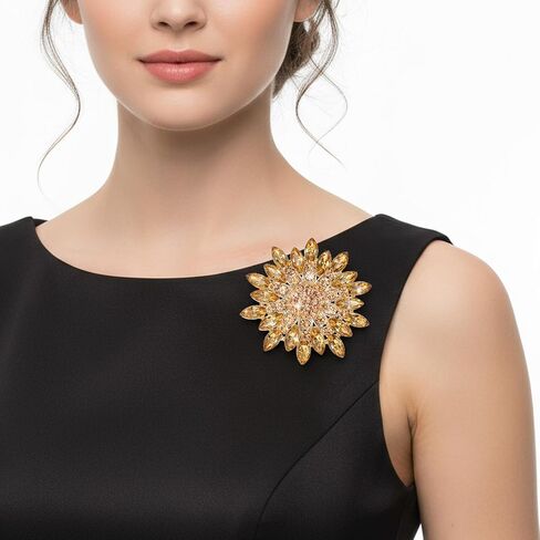 Rhinestone Crystal Flower Brooch Pin Gold Crystal Sunflower Brooch Pin for Women Sparkling Large Sunflower Brooches Vintage Floral Lapel Pins Elegant Dress Hat Decoration Wedding Bridal Dress Jewelry in Saudi Arabia