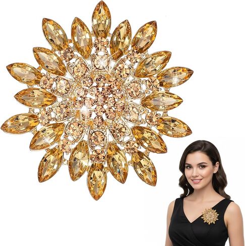 Rhinestone Crystal Flower Brooch Pin Gold Crystal Sunflower Brooch Pin for Women Sparkling Large Sunflower Brooches Vintage Floral Lapel Pins Elegant Dress Hat Decoration Wedding Bridal Dress Jewelry in Saudi Arabia
