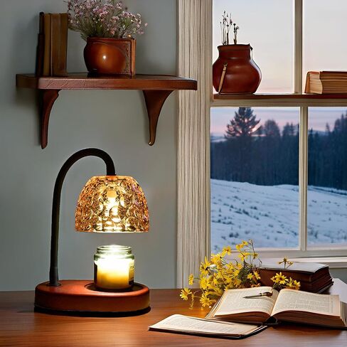 مصباح تسخين الشموع من ArbaroClara قابل للتعديل مع مؤقت وخافت، ضوء شمع كهربائي يذوب بالحرارة عديم اللهب، نمط مزرعة عتيق، قاعدة خشبية، ظل زجاجي بلون رمادي دخاني، مع لمبتين in Kuwait