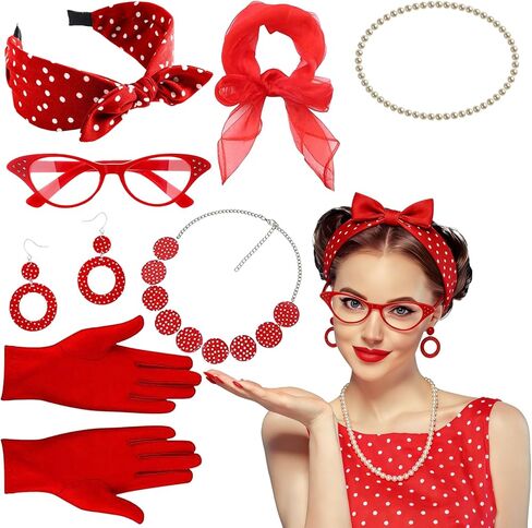 Rockabilly 50s Accessories for Women, 9 Pieces 1950s Costumes for Women with Earrings, Chiffon, Scarf, Cat Eye Glasses, Headband, Necklaces, Gloves, 1950s Outfit for Women for Carnival, Retro in Saudi Arabia