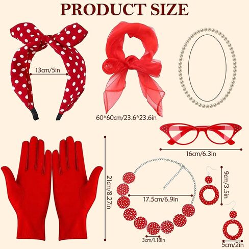 Rockabilly 50s Accessories for Women, 9 Pieces 1950s Costumes for Women with Earrings, Chiffon, Scarf, Cat Eye Glasses, Headband, Necklaces, Gloves, 1950s Outfit for Women for Carnival, Retro in Saudi Arabia