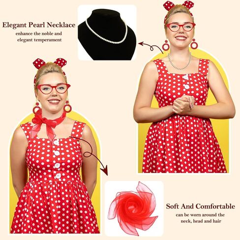 Rockabilly 50s Accessories for Women, 9 Pieces 1950s Costumes for Women with Earrings, Chiffon, Scarf, Cat Eye Glasses, Headband, Necklaces, Gloves, 1950s Outfit for Women for Carnival, Retro in Saudi Arabia