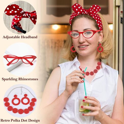 Rockabilly 50s Accessories for Women, 9 Pieces 1950s Costumes for Women with Earrings, Chiffon, Scarf, Cat Eye Glasses, Headband, Necklaces, Gloves, 1950s Outfit for Women for Carnival, Retro in Saudi Arabia
