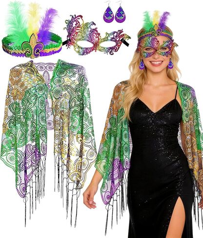 PLULON 4 قطع Mardi Gras وشاح شال إكسسوارات زي للنساء، ترتر Mardi Gras Outfit عقال أقراط قناع العين ذهبي أخضر أرجواني موضوع لتزيين حفلات الكرنفال لوازم الهدايا in Saudi Arabia
