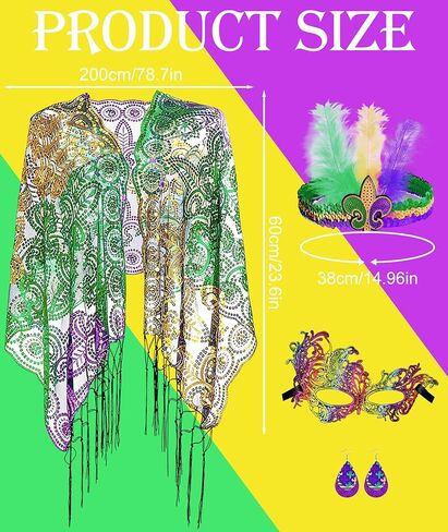 PLULON 4 قطع Mardi Gras وشاح شال إكسسوارات زي للنساء، ترتر Mardi Gras Outfit عقال أقراط قناع العين ذهبي أخضر أرجواني موضوع لتزيين حفلات الكرنفال لوازم الهدايا in Saudi Arabia
