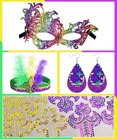 PLULON 4 قطع Mardi Gras وشاح شال إكسسوارات زي للنساء، ترتر Mardi Gras Outfit عقال أقراط قناع العين ذهبي أخضر أرجواني موضوع لتزيين حفلات الكرنفال لوازم الهدايا in Saudi Arabia