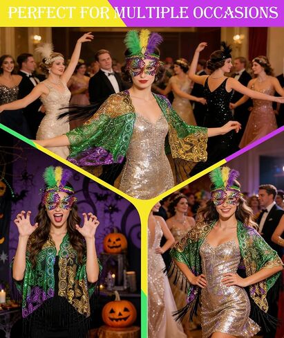PLULON 4 قطع Mardi Gras وشاح شال إكسسوارات زي للنساء، ترتر Mardi Gras Outfit عقال أقراط قناع العين ذهبي أخضر أرجواني موضوع لتزيين حفلات الكرنفال لوازم الهدايا in Saudi Arabia