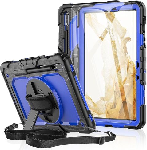 Case for Samsung Galaxy Tab S8/S7 11-inch 5G Tablet Case 2022/2020, [with Tempered Glass Screen Protector],360° Rotating Kickstand/Hand & Shoulder Strap/S Pen Holder (Black) in Saudi Arabia
