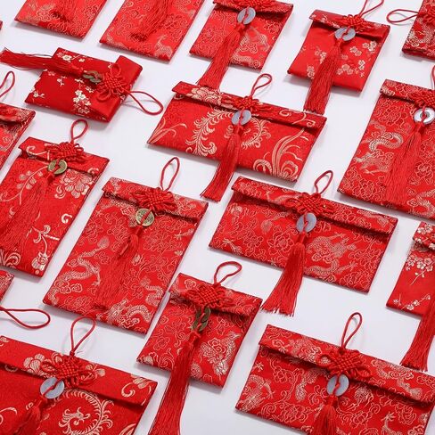 20 Pack Chinese New Year Silk Red Envelopes Brocade Lunar New Year with Chinese Knot, Coins & Jade Charms – 3 Sizes Lucky Envelopes for Spring Festival, Lunar 2026 Hongbao, Gift Giving in Saudi Arabia