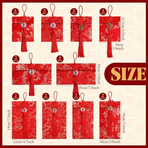 20 Pack Chinese New Year Silk Red Envelopes Brocade Lunar New Year with Chinese Knot, Coins & Jade Charms – 3 Sizes Lucky Envelopes for Spring Festival, Lunar 2026 Hongbao, Gift Giving in Saudi Arabia
