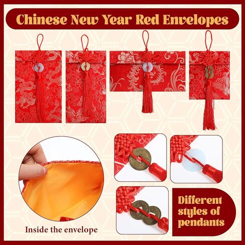 20 Pack Chinese New Year Silk Red Envelopes Brocade Lunar New Year with Chinese Knot, Coins & Jade Charms – 3 Sizes Lucky Envelopes for Spring Festival, Lunar 2026 Hongbao, Gift Giving in Saudi Arabia
