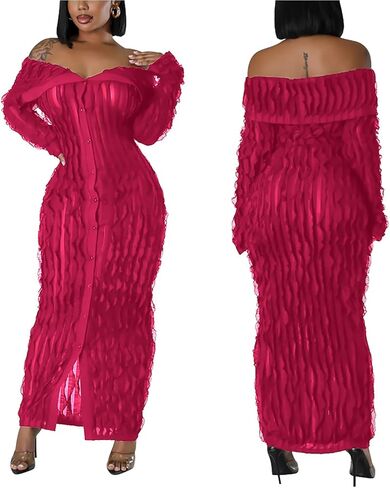 فستان نسائي شفاف بدون أكتاف وأكمام طويلة وأزرار سفلية وكشكشة طويلة وقابلة للتمدد للخروج في النادي الليلي in Kuwait