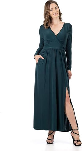 فستان طويل للسيدات من 24seven Comfort Apparel بأكمام طويلة ورقبة على شكل حرف V وفتحة جانبية in Kuwait
