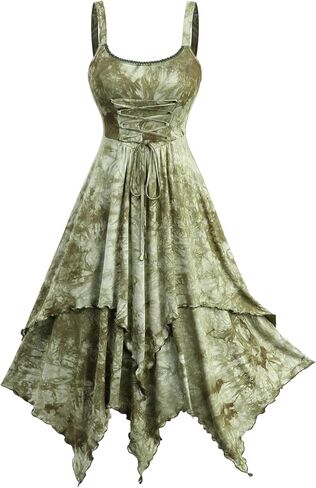 DRESSFO Women's Tie Dye Tank Dress – Lace-Up Asymmetrical Ruffled Midi Dress with Lace Trim in Saudi Arabia