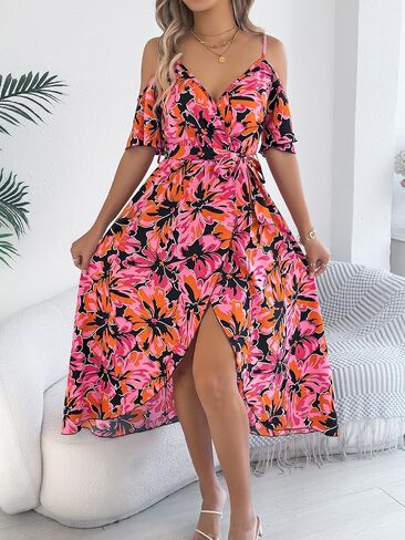 Women's Warp V Neck Floral Print Summer Dress Short Sleeve Tie Waist Slit Hem Midi Vocation Beach Dresses in Saudi Arabia